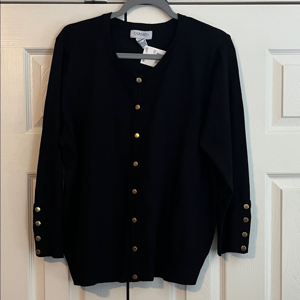Carmen Size XL Black Cardigan with Gold Buttons NWT